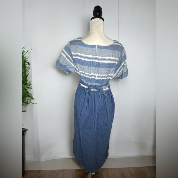 Vintage 90s Northwest Blue Linen Denim Tie Waist Button Skirt Nautical Dress - Picture 3 of 12